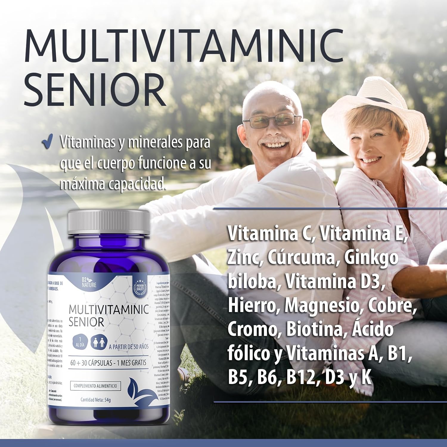 MULTIVITAMÍNICO SENIOR - MAYORES DE 50 AÑOS - VITAMINAS C D3 E B12 - CÚRCUMA - GINKGO BILOBA - Imagen 2