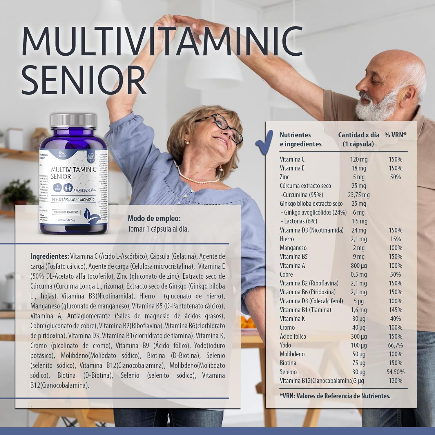 MULTIVITAMÍNICO SENIOR - MAYORES DE 50 AÑOS - VITAMINAS C D3 E B12 - CÚRCUMA - GINKGO BILOBA - Imagen 6